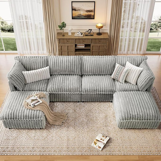 KKL Modular Sectional Couch for Living Room, U Shaped Corduroy Couches with 2 Ottomans, 6 Seater Oversized Sofa Convertible to Sleeper, Soft Fabric Modern Sofa, Grey