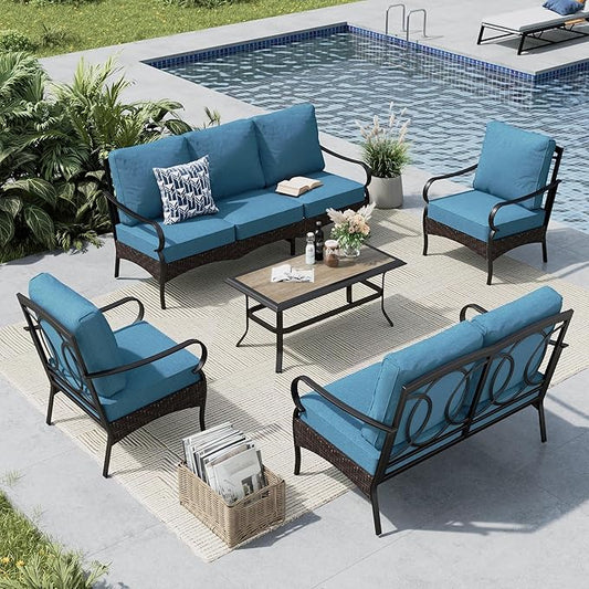 MFSTUDIO 5 PCS Outdoor Patio Furniture Set, Metal Outdoor Conversation Set, Rattan Wicker Patio Sectional Sofa Set with 2 x Fixed Single Sofa, 2-Seat and 3-Seat Sofa, 1 x Coffee Table, Navy Blue