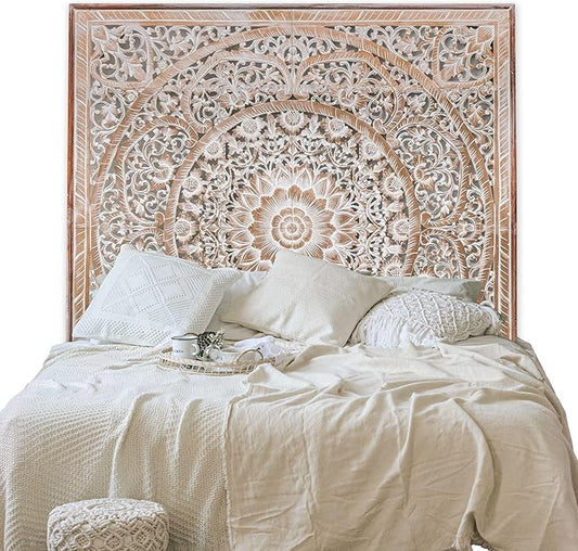 King Wood Bed Headboard Rustic | Carved Full Head Board Only | Wooden Decor Full Size Bed | Wall Mount Wood Art King or Queen (Manusa Antic, California King)