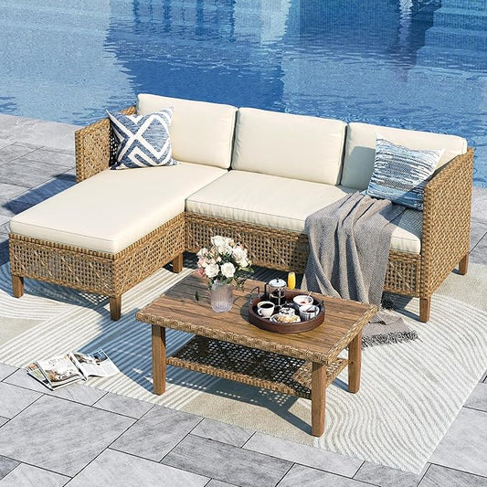 Sophia and William Boho Wicker Patio Furniture Set, Outdoor Rattan Sectional Sets Conversation Set - Weather-Resistant, with Dual Storage Coffee Table Acacia Wood Legs for Garden, Patio & Deck(Beige)