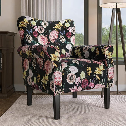 BELLEZE Modern Accent Chair for Living Room, High Back Linen Armchair with Wooden Legs, Upholstered Wingback Side Chair Padded Armrest Single Sofa for Living Room, Bedroom - Allston (Black & Flower)