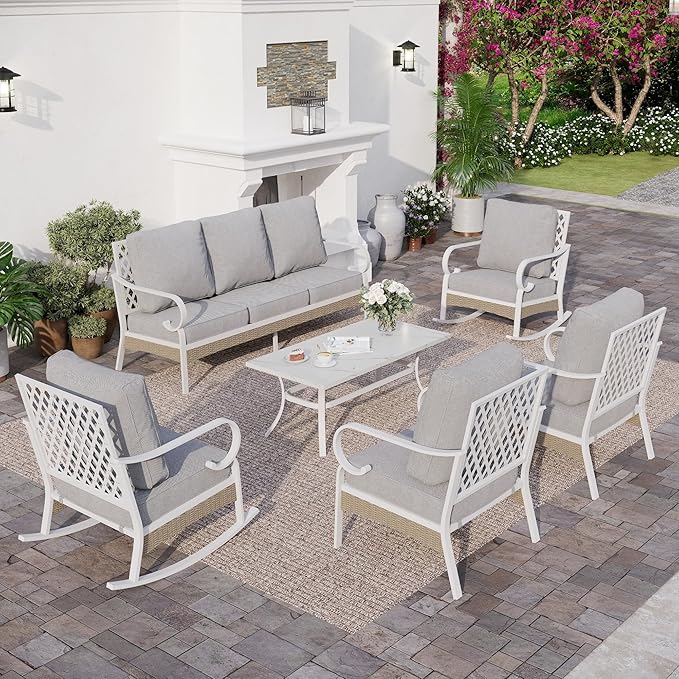 6 PCS Metal Outdoor Patio Furniture Set, Patio Conversation Set 1 3-Seater Couch, 2 Fixed Sofa, 2 Rocking Sofa with 5.75" Thick Cushion and Coffee Table White Backyard Furniture, Gray