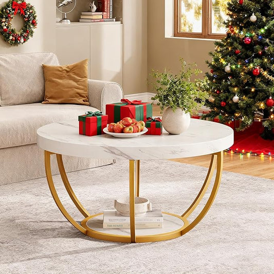 Tribesigns Modern Round Coffee Table, 2 Tier Coffee Table with Faux White Marble and Golden Metal Legs, Circle Center Table Tea Table Accent Furniture for Living Room, White and Gold