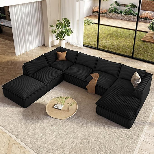Vesgantti 141.7" Oversized Sectional Boneless Couch, Modern 7 Seater Modular Sofa with Chaise & Ottoman, Deep Seat Plush Corduroy Cloud Couches for Living Room, No Assembly Required, Black