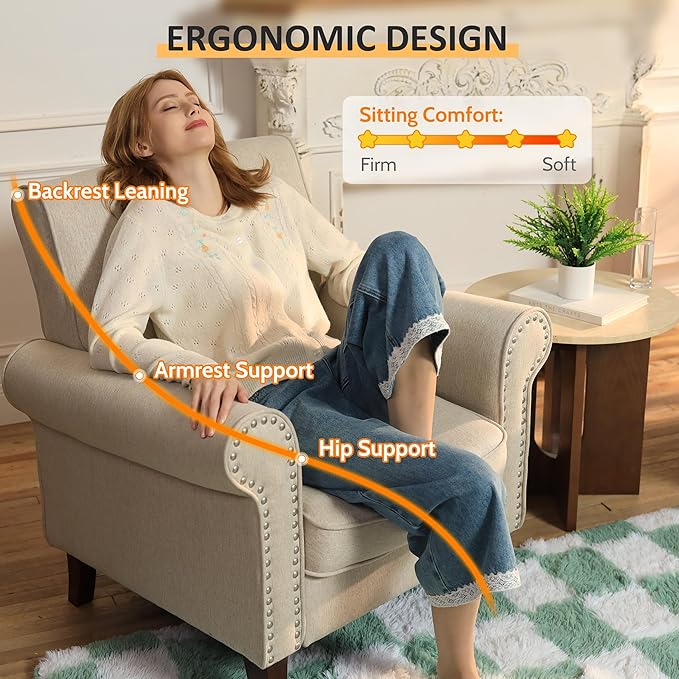 PrimeZone Comfy Accent Chair, Mid-Century Modern Fabric Living Room Chair Reading Chair with Soft Cushion, Nailhead Trim & Rolled Armrest, Arm Chair Sofa Chairs for Bedroom Waiting Room Office, Beige