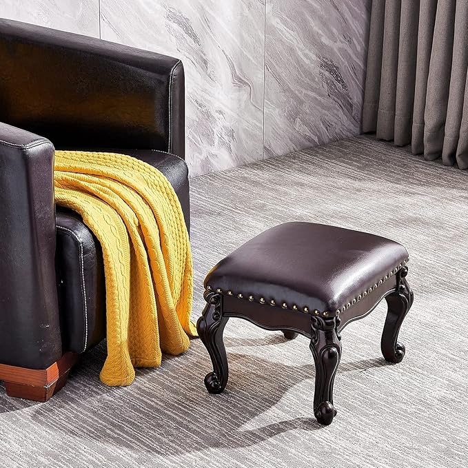 Foot Stool Ottoman Foot Rest Microfiber Leather Upholstered Footstool for Sofa, Living Room, Entryway, Solid Wood Stool (Black Brown)