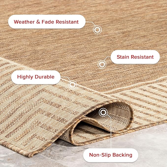 nuLOOM 7' Square Outdoor Area Rug, Casual Design with Striped Border, Stain Resistant, Highly Durable, for Patio, Balcony, Bedroom, Living Room, Dining Room, Bathroom, Light Brown