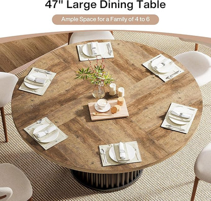 Tribesigns Round Dining Table for 4-6, 47-Inch Modern Circle Kitchen Table with Fluted Round Base, Farmhouse Wood Dinner Table for Dining Room, Kitchen, Living Room, Brown and Black