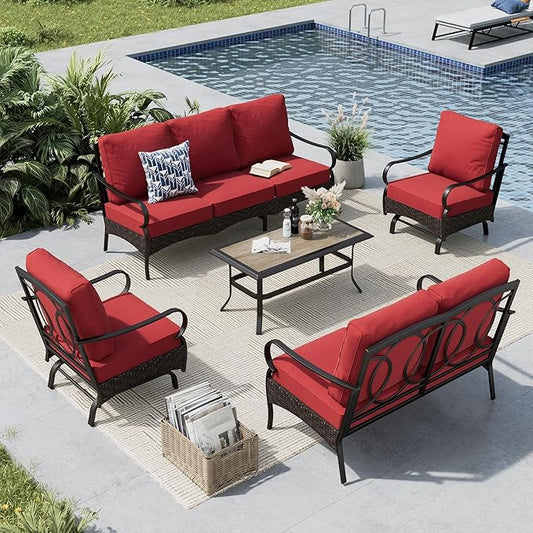 MFSTUDIO 5 PCS Outdoor Patio Furniture Set, Metal Outdoor Conversation Set, Rattan Wicker Patio Sectional Sofa Set with 2 x Rocking Single Sofa, 2-Seat and 3-Seat Sofa, 1 x Coffee Table, Red
