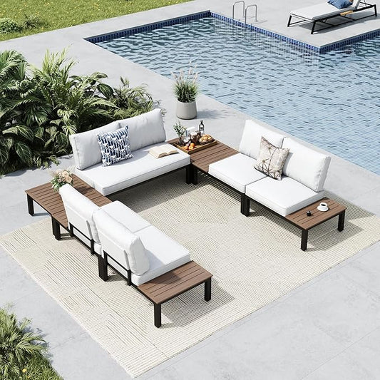 MFSTUDIO 7 Pieces Patio Furniture Set,Outdoor Metal Frame Patio Sectional Sofa Conversation Set with 2 Coffee Tables&Removable Cushion for Backyard,Garden,Poolside