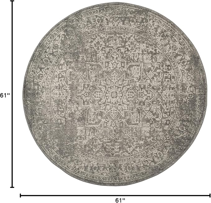 SAFAVIEH Evoke Collection Area Rug - 5'3" Round, Silver & Ivory, Distressed Design, Non-Shedding & Easy to Clean, Ideal for Living Room, Bedroom, Dining Space (EVK256S)