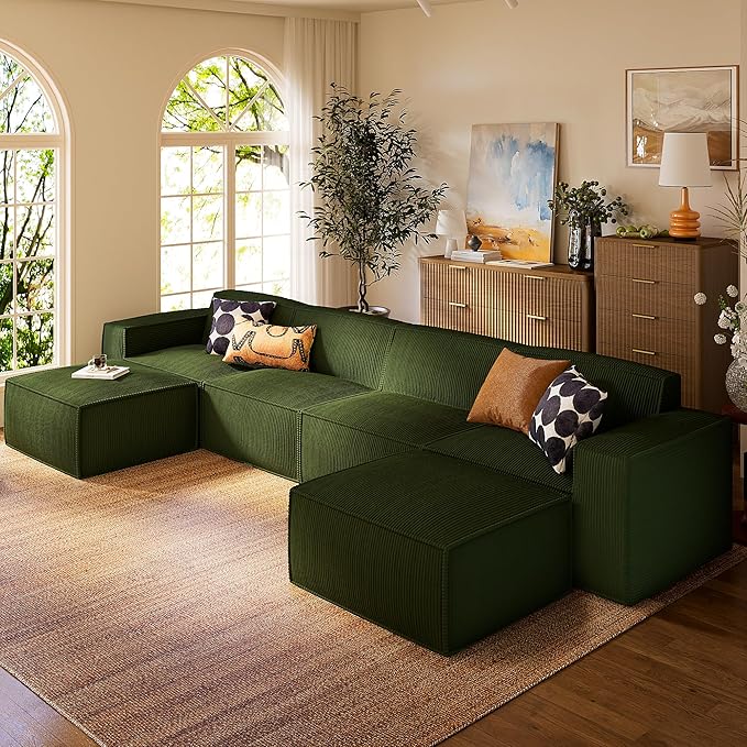 Marsail Modular Sectional Sofa, 142" U-Shaped Modular Sectional Couch with Deep Seat, Freely Combinable Sectional Clound Sofa for Living Room, No Assembly, Plush Corduroy Fabric, Green