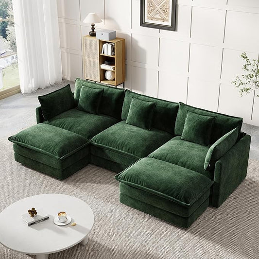 Modular Sectional Sofa, 111.5 Inch U-Shaped Cloud Sofa with Deep Seat Chenille Sofa with Cushions, Three-Self Sectional Sofa for Living Room Apartment,Evergreen