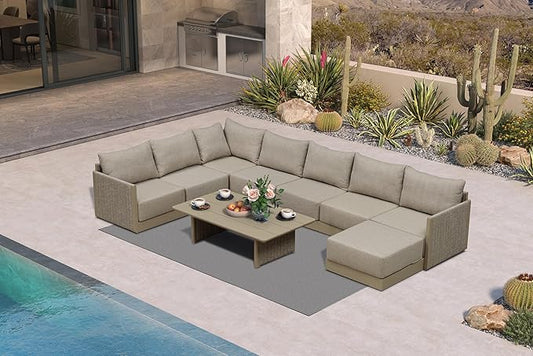 PURPLE LEAF 9 Pieces Patio Conversation Sets with Ottoman All Weather Outdoor Couch Sectional Set with Cushion Small Conversation Set for Garden Poolside Backyard Beige