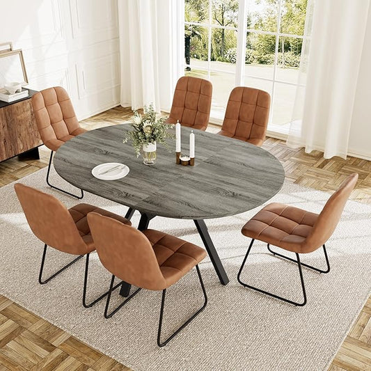 Extendable Round Dining Table Set for 6 People, 43.3"-59.1" Extendable Kitchen Table with 6 Upholstered Chairs, Space Saving for Kitchen Dining Room (Grey Table+6 U-Shaped Brown Chairs)