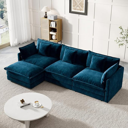 Modular Sectional Sofa, 111.5 Inch L-Shaped Cloud Sofa with Deep Seat Chenille Sofa with Cushions, Three-Self Sectional Sofa for Living Room Apartment,Blue