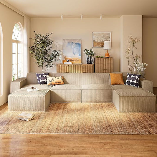 Marsail Modular Sectional Sofa, 142" U-Shaped Modular Sectional Couch with Deep Seat, Freely Combinable Sectional Clound Sofa for Living Room, No Assembly, Plush Corduroy Fabric, White