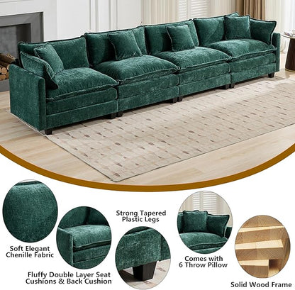 Aoowow Modular Sectional 4 Seater Cloud Sofa Couch for Living Room,149.6" Cloud Sofas with Deep Seat,Modern Chenille 4 Seat Sofas,Fluffy Cloud Couches for Bedroom,Office,Hotel (Green, 4 Seater)