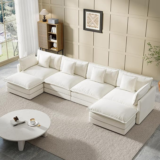 Modular Sectional Sofa, 146.5 Inch U-Shaped Cloud Sofa with Deep Seat Chenille Sofa with Cushions, Four Seater Sectional Sofa for Living Room Apartment,White