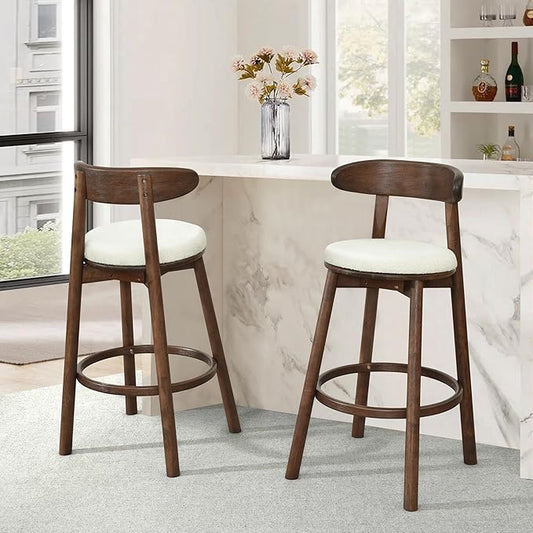 Christopher Knight Home Soley Modern Counter Height Bar Stools Set of 2, Boucle Fabric Round Stool Chair for Kitchen Island, Upholstered Counter Stool with Footrest and Backrest, Walnut+Beige