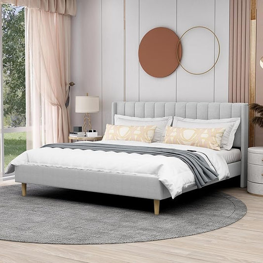 AGARTT Upholstered Platform Bed Frame King Size with Headboard and Footboard/Wooden Slats Support/No Box Spring Needed/Easy Assembly,Light Grey Linen