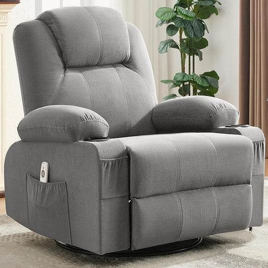 Oversized Swivel Rocker Recliner Sofa Chair with Heat and Massage, Large Big Recliner for Living Room, 360 Degree Swivel Rocking Single Sofa with Cup Holders and USB Port(Fabric, Cloud Grey)