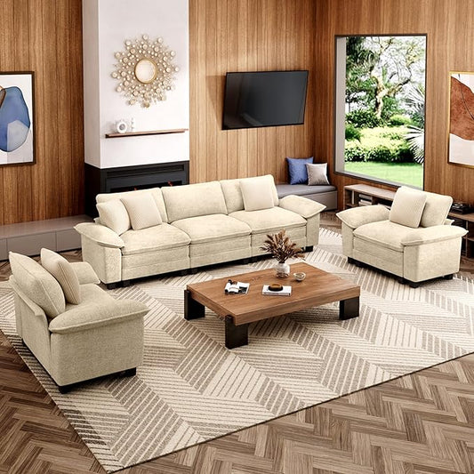 Cloud Couch Sectional Sofa Set, Plush 24.4-Inch Deep 5-Seat Sectional with Velvety Chenille & Removable Arms for Living Room and Apartment, Beige