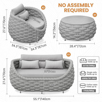 Woven Rope Patio Sofa Furniture Set of 4: Aluminum All Weather Outdoor Conversation Set, Couch Armchair and Loveseat Set with Table Cushions for Deck Porch Poolside Garden Backyard Hotel - Gray