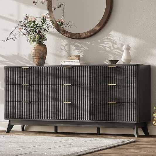 63'' Wide 9 Drawers Dresser for Bedroom,Modern Fluted Vertical Chest with Rounded Corners,Fluted Dresser for Living Room,Hallway, Black