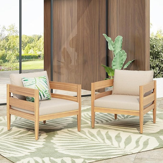Christopher Knight Home Annie Acacia Wood Outdoor Chairs Set of 2, Patio Lounge Chair Outdoor with Slatted Back, Accent Chair with Cushions, Stylish Armchair for Balcony/Garden, Beige + Light Teak