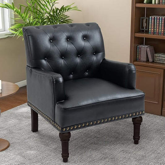 Pia Ricco PU Leather Accent Chair: Modern Nailhead Trim Armchair with Wooden Legs - Upholstered Reading Seat for Office, Living Room, Bedroom-Black