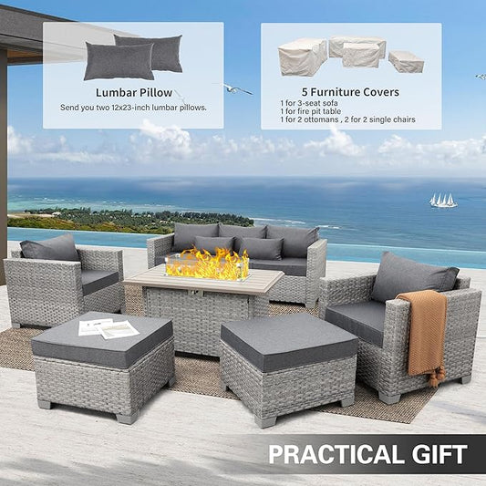 WAROOM Patio Furniture Set 6 Piece Grey Wicker Outdoor Furniture Patio Sectional Sofa Couch PE Rattan Conversation Sets with Fire Pit Table, Grey Cushion