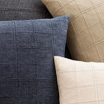 Foindtower Set of 2 Decorative Linen Check Throw Pillow Covers Neutral Farmhouse Vintage Cushion Covers Modern Boho Home Decor for Sofa Chair Couch Bedroom Living Room,16×16 Inch,Navy Blue