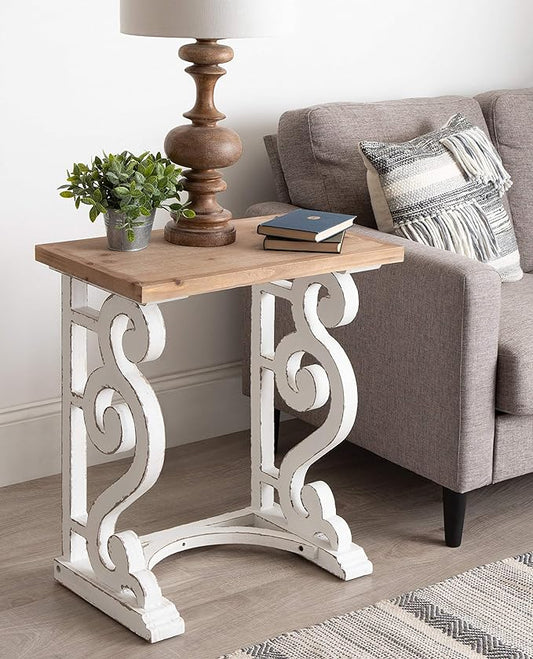 Kate and Laurel Wyldwood Rustic French Solid Wood Side Table, 24" x 14" x 12.75", White and Rustic Brown, Chic Farmhouse Inspiration, Natural Wood Top