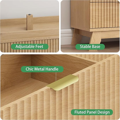Fluted Dresser for Bedroom with 7 Drawers, 48" Wide Modern Chest of Drawers with Metal Handle, Wood Dresser TV Stand, Wooden Closet Clothes Storage Organizer for Living Room, Hallway, Natural Oak