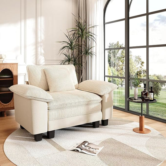 PHI VILLA Cloud Oversized Sectional Sofas, Single Sofa with Deep Seat for Living Room Reading Nook, Chenille Corduroy Dual Fabric, Beige