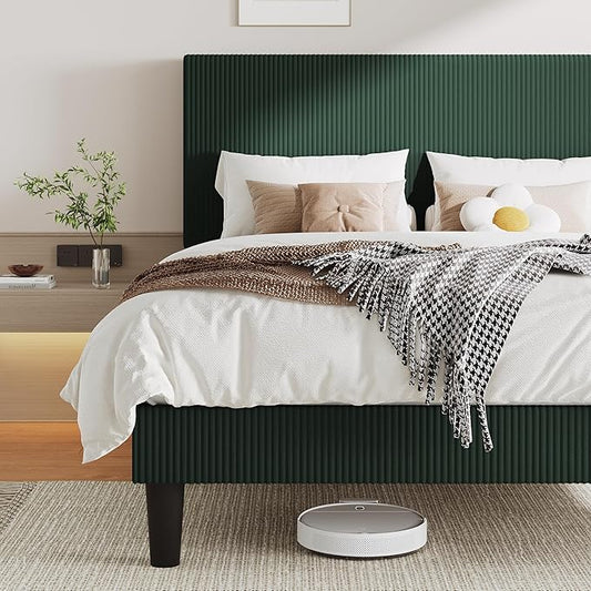 Allewie Queen Size Upholstered Bed Frame with Vertical Channel Tufted Headboard, Soft Corduroy Fabric Platform Bed, Strong Wooden Slats Support, Easy Assembly, No Box Spring Needed, Dark Green