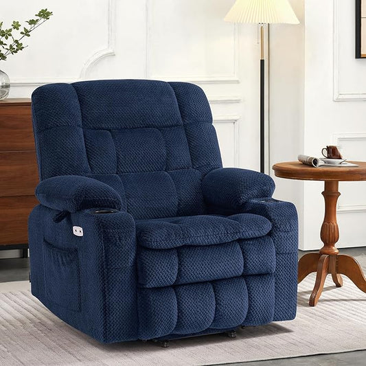 MCombo Dual Motor Power Lift Recliner Chair for Elderly, Lay Flat Lift Chair with Heat and Massage, Petite Wide Lift Chair, Cup Holders, USB A&C Ports, Fabric R7894 (Small-Wide, Navy Blue)