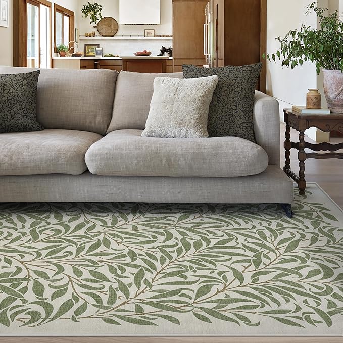 RUGGABLE x Morris & Co Washable Area Rug– Pure Willow Boughs Green 5x7, Stain-Resistant, Non-Slip – Medium Machine Washable Rugs for Living Room, Bedroom, Hallway, Entryway & Office–with Standard Pad