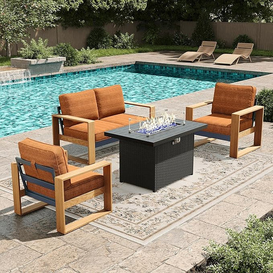LayinSun 4 Pieces Aluminum Patio Furniture Set with Fire Pit Table, Oversized Seat with Hight Back, Outdoor Conversation Sets for Porch, Balcony, Deck