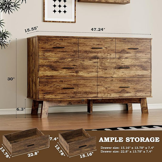 Dresser for Bedroom with 7-Drawer, 47.2" Wide Modern Chest of Drawers with Metal Handles, X-Shape Base & Adjustable Center Leg, Anti-Tip Closet Organizers and Storage