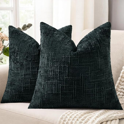 decorUhome Black Chenille Throw Pillow Covers 22x22 Set of 2 Thick Textured Slubby Couch Pillow Covers Farmhouse Accent Modern Neutral Decorative Pillow Cases for Bed Sofa Living Room