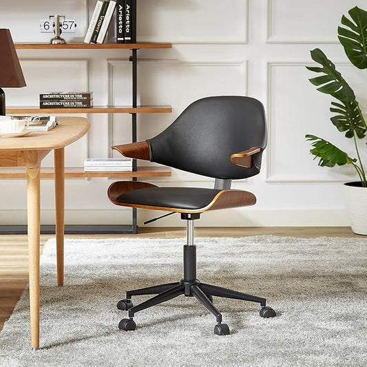 Art Leon Swivel Desk Chairs, Set of 2, Mid Century Modern Office Chairs with Wheels, Faux Leather Upholstered Armchairs, Adjustable Height Task Chairs with Metal Base, Walnut Bentwood, Black