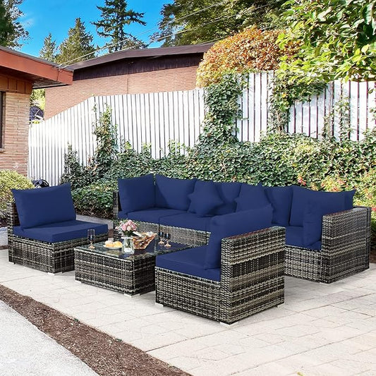Tangkula 7 Pieces Patio Rattan Furniture Set, Patiojoy Outdoor Conversation Set with Cushions and Tempered Glass Coffee Table, All-Weather Sectional Sofa Set for Garden, Lawn, Backyard (Navy Blue)