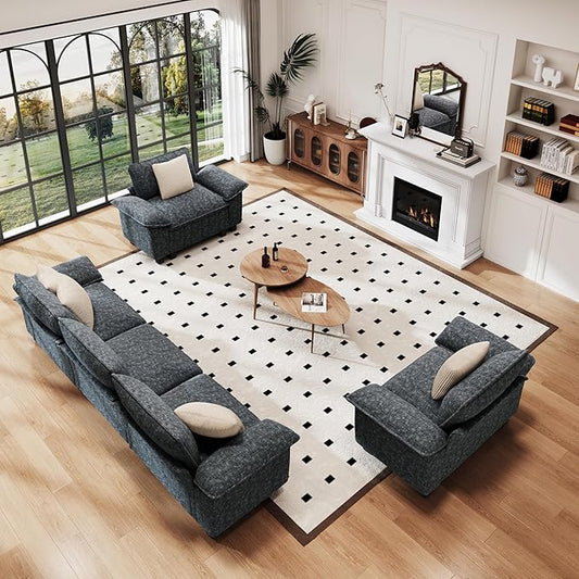 PHI VILLA Cloud Modular Couches Sets, 3 Pieces Large Sectional Sofa Set with Single Sofa, 5-Seater Upholstered Couch for Living Room, Chenille Fabric, Dark Cyan