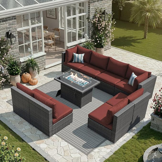 NICESOUL 9 Piece Plus Size Outdoor Patio Conversation Set with Firepit Natural Gas/Propane, 29.3'' High Back Modular Sectional Sofa Sets, Heavy Duty Backyard Furniture, 2 Color Cushion Red & Grey