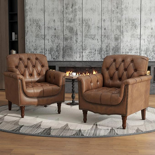 Lumibee Faux Leather Armchairs, Contemporary Accent Chairs Set of 2 with Nailhead Trims & Wood Legs for Living Room, Upholstered Comfy Arm Chairs for Office,Bedroom-Brown