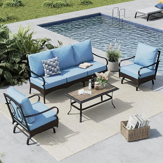 MFSTUDIO 4 Pieces Outdoor Patio Furniture Set, Metal Outdoor Conversation Set, Rattan Wicker Patio Sectional Sofa Set with 2 x Rocking Single Sofa, 3-Seat Sofa, 1 x Coffee Table, Blue