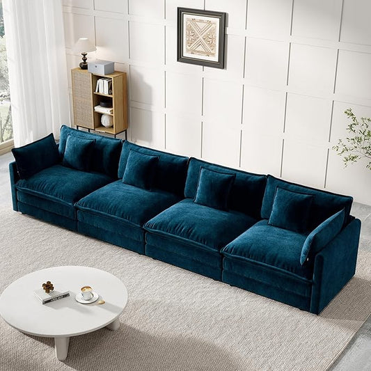 Modular Sectional Sofa, 146.5 Inch I-Shaped Cloud Sofa with Deep Seat Chenille Sofa with Cushions, Four Seater Sectional Sofa for Living Room Apartment,Blue