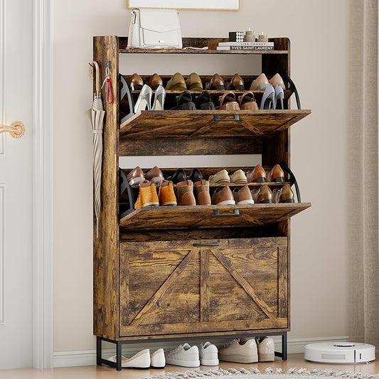 Shoe Cabinet Storage for Entryway, Shoe Storage Cabinet with 3 Flip Drawers, Freestanding Narrow Shoe Rack Organizer with Metal Legs & Side Hook for Foyer, Hallway, Brown